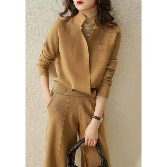 High Quality Autumn Wear With Complete Set 2023 New Fashion Lady Jacket Skirt Winter Knit Two-Piece Set Sweater+Pant Suits Navy