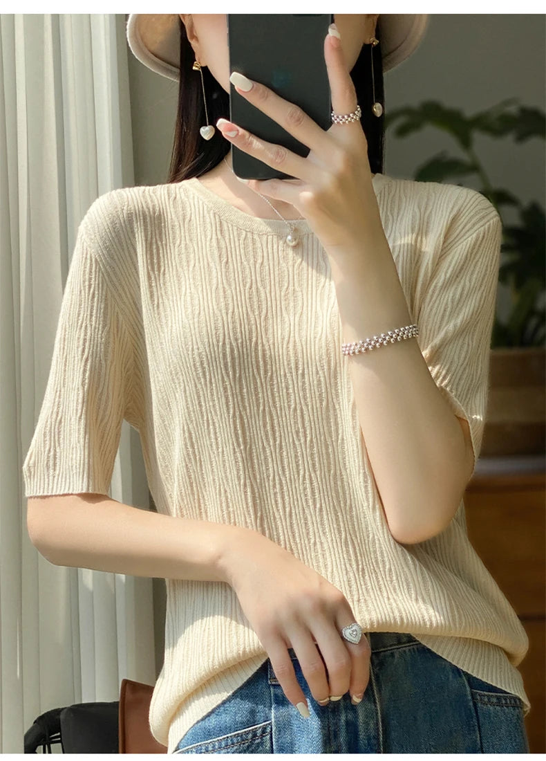 Summer Ice Silk Short Sleeve T-Shirt Female Joker Solid Color Ladies Pullover Loose Thin Round Neck Sweater To Wear Outside