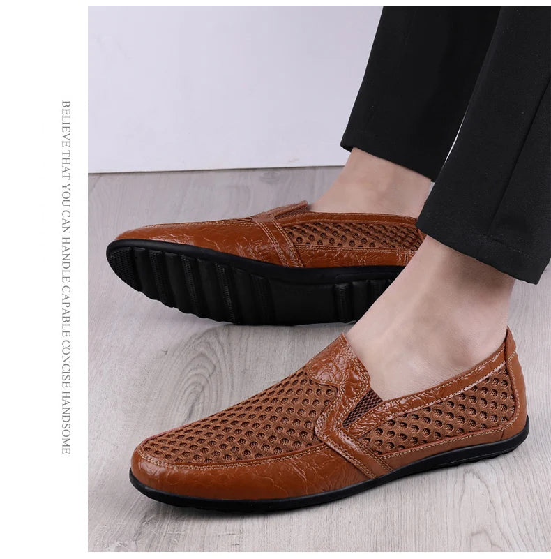 Men Summer Leather Loafers Casual Shoes Breathable Men Sneakers 2022 Fashion Comfort Male Outdoor Black Rubber Flat Men Shoes