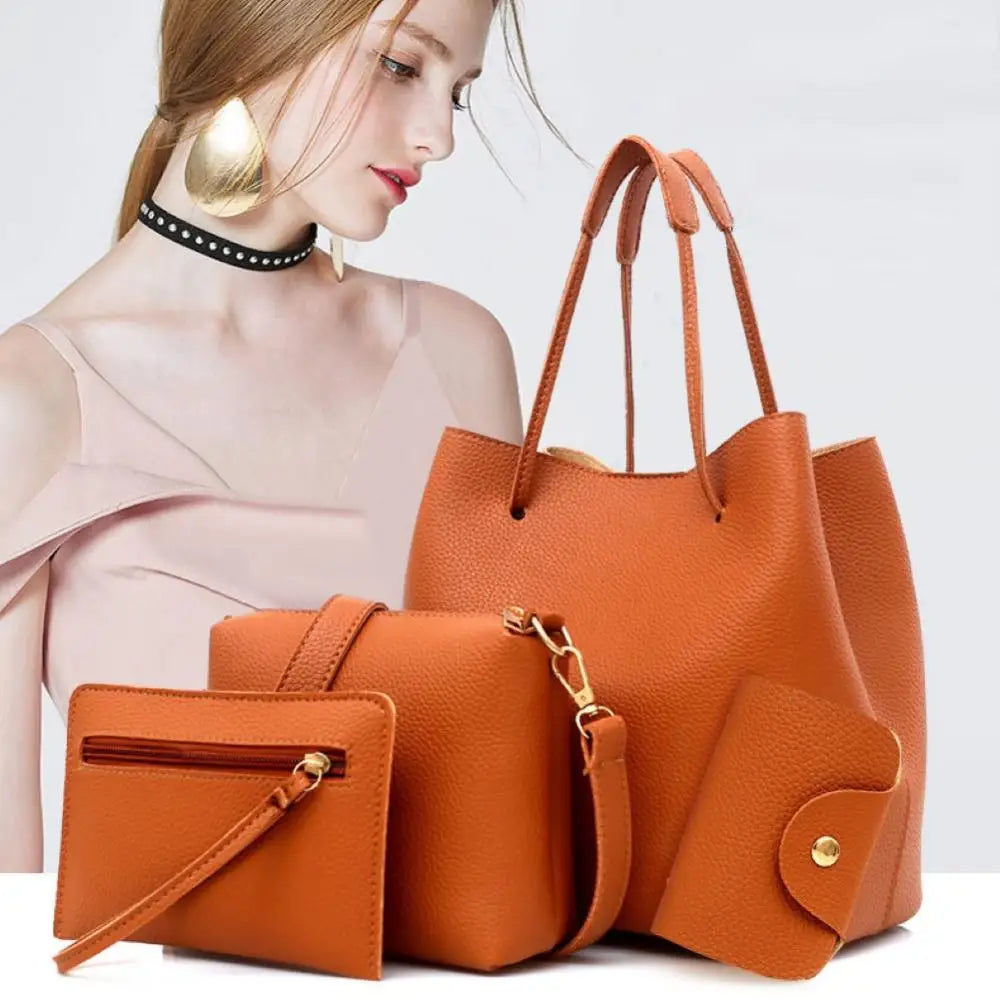 4Pcs Women Fashion Solid Color Soft Faux Leather Shoulder Bag Handbag Purse Set