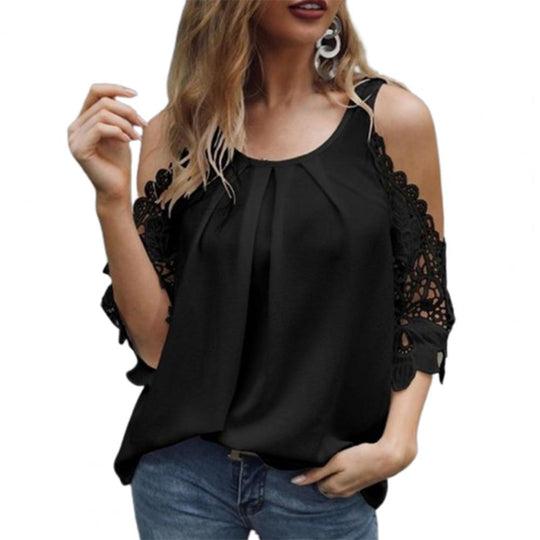 O Neck Ladies Tops Off Shoulder Hollow Lace Sleeves Blouse Summer Loose Pure Color Sexy Women Shirt Streetwear for Daily Wear