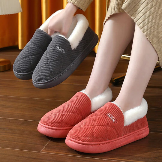 New 2023 Corduroy Cotton Shoes for Women Home Warm Anti-slip Couple Winter Cotton Plush Slippers Platform Shoes Men