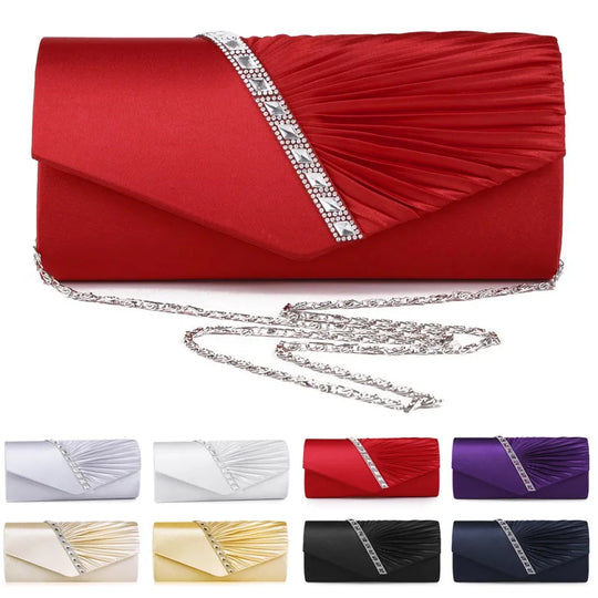 Folds Rhinestone Decor Chain Clutch Bags For Women 2024 Red Evening Party Clucth Envelope Bag Female Girl Luxury Shoulder Pouch