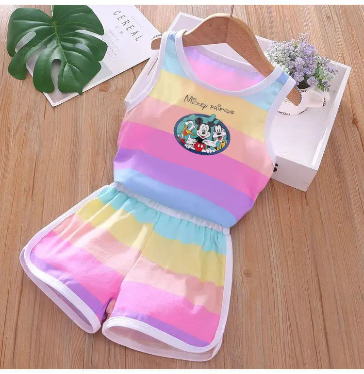 Summer Baby Kids Clothes Sets Cute Minnie Mickey Cartoon Girls and Boys Vest and Shorts 2pieces Disney Children's Outfits