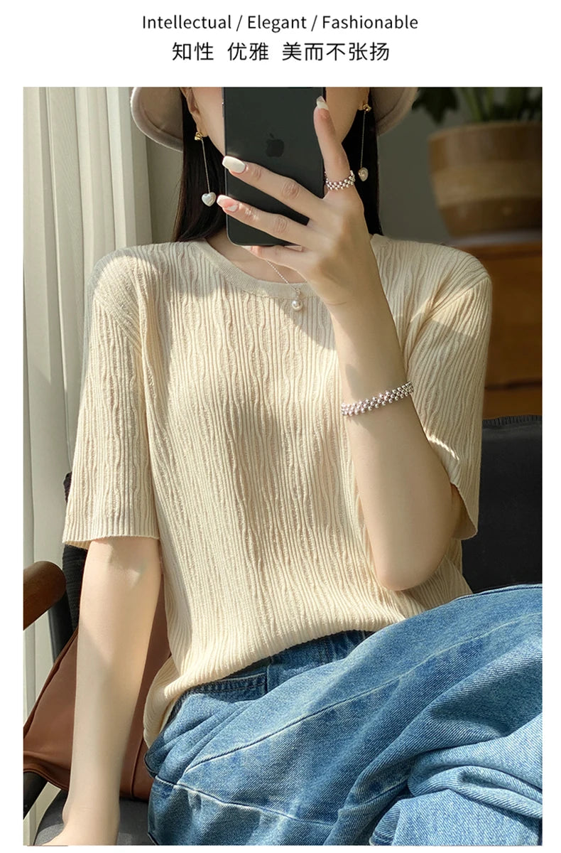 Summer Ice Silk Short Sleeve T-Shirt Female Joker Solid Color Ladies Pullover Loose Thin Round Neck Sweater To Wear Outside