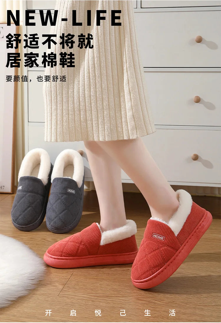 New 2023 Corduroy Cotton Shoes for Women Home Warm Anti-slip Couple Winter Cotton Plush Slippers Platform Shoes Men