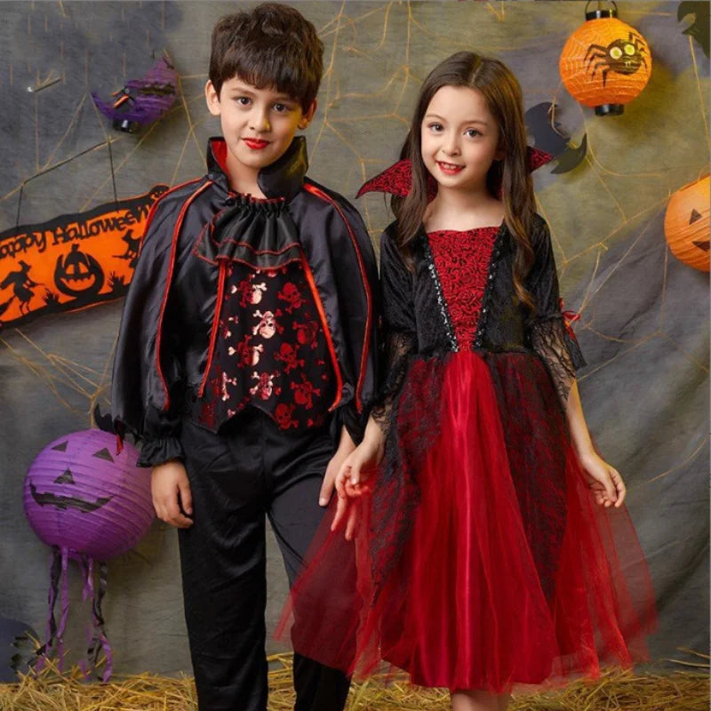 2024 Girls Cosplay Vampire Halloween Dress For Kids Ghost Bride Gothic Costume Count Vampiran Carnival Outfit Black Red Clothes