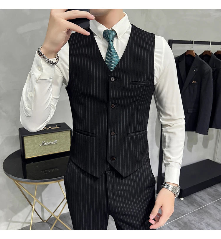 2023 Fashion New Men's Boutique Business Slim Wedding Striped Double Breasted Suit Blazers Jacket Pants Trousers Vest 3 Pcs Set