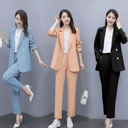 Women Business Suit Elegant Women's Business Suit Set with Double-breasted Coat High Waist Pants for Formal Office Wear Commute