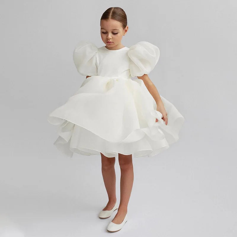 Fashion Girl White Princess Dress Tulle Puff Sleeve Wedding Party Kids Dresses for Girls Birthday Child Clothes Bridemaids Gown